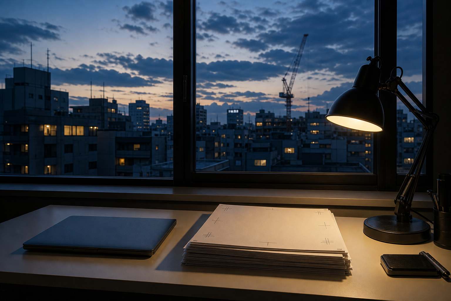 夕暮れの目黒のスタジオ。窓の外に街並み、机の上にトンボ入りの校正紙の束とデスクランプ