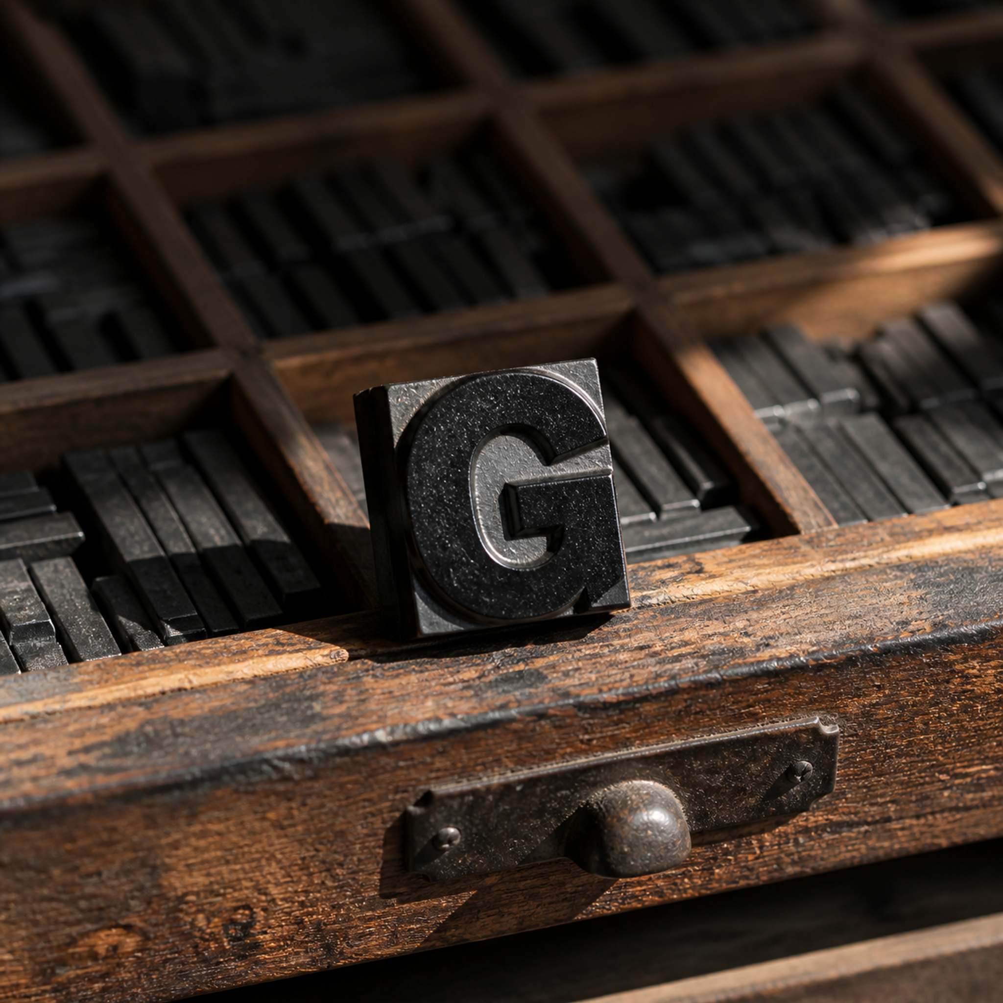 活字棚の引き出しの上に立てられた、インクの乗った大きなGの活字